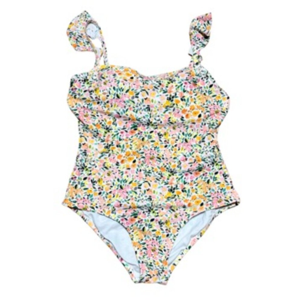 Kona Sol White Floral One Piece Swimsuit Ruffle Shoulder Detail Women's Large